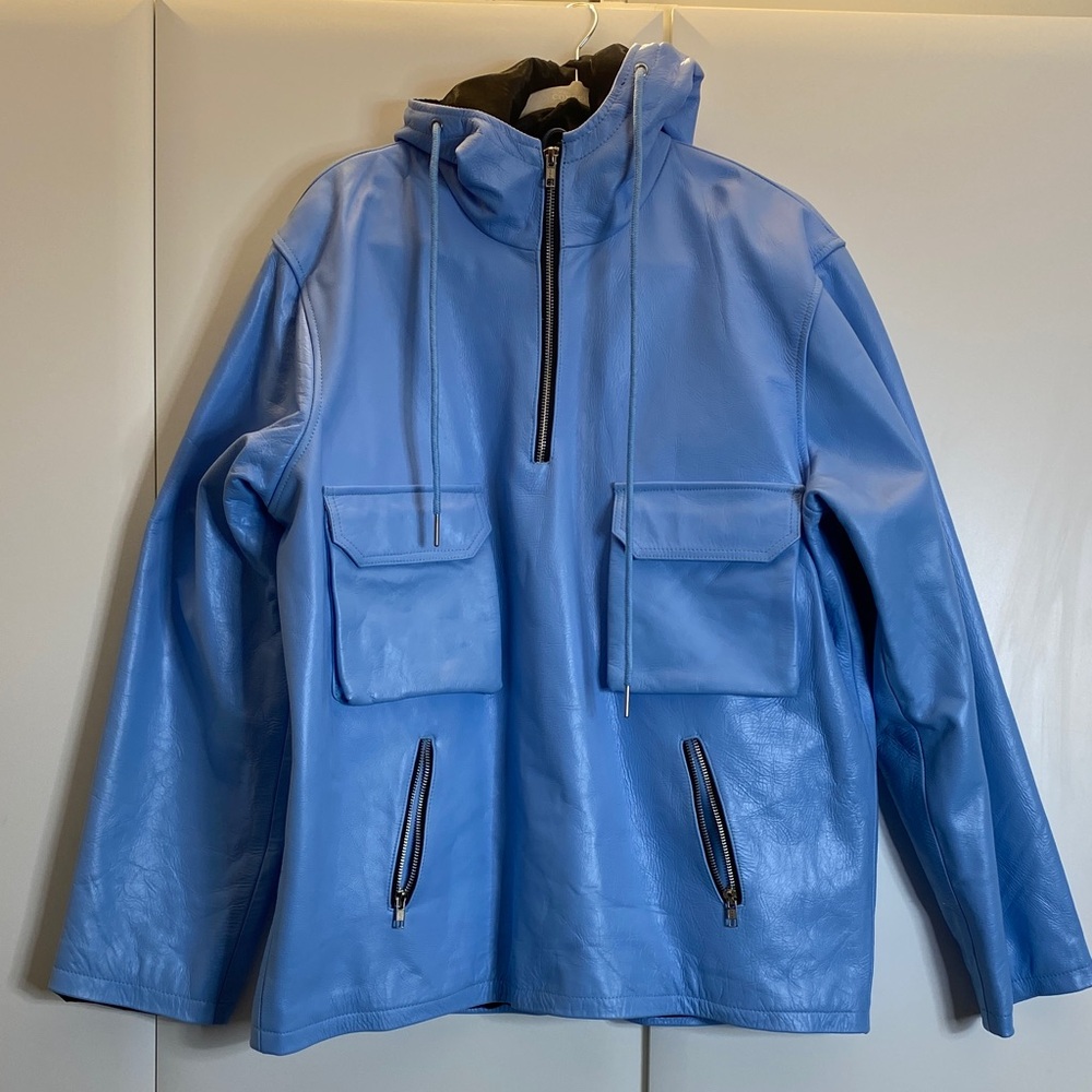 XL Custom Blue Leather Anorack Pullover Jacket with Pockets 100% Genuine Leather